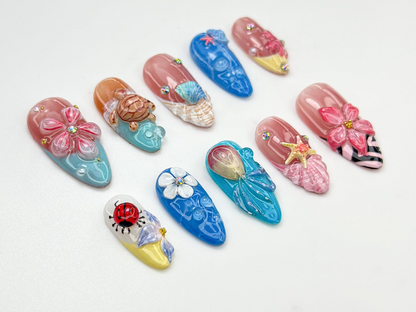 Tropical Sea Turtle Press On Nails | 3D Beach Shell & Starfish Nails | Handmade Summer Mermaid Vibes | Tropical Sea Nail Art | JB809HK