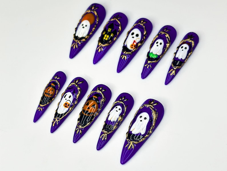 Purple Gothic Halloween Press On Nails | Ghost & Pumpkin Halloween Nail Design| Haunted Mansion Nail | Hand-Painted Spooky Nail Art |JB133HK
