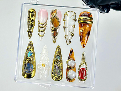 Gold Sculpture Press On Nails | Abstract Luxury Fake Nails | Metallic Stone Look Nail Art | Gold Detail Acrylic Nails |Luxury Nails |HB905YC