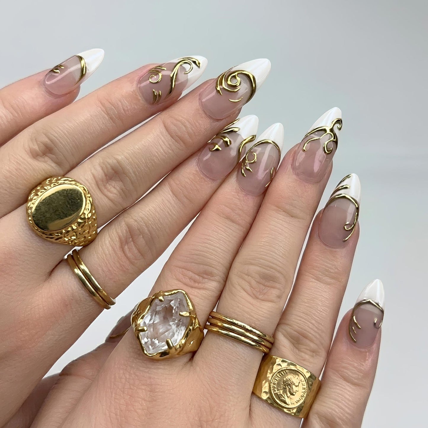 Gold Baroque Almond Press On Nails | Luxury 3D Chrome Bridal Wedding Nail Art | OB402LK