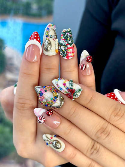 Merry Knit Christmas Press On Nails | 3D Bow Christmas Nail Art | Green Red Holiday Press Ons | Festive Handmade Set | JB220EC