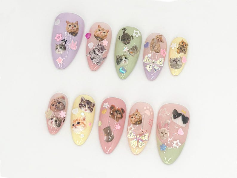 Cute Kitty and Bow Press-On Nail Set | Perfect for Pet Lovers | Kawaii Cat-Themed Press On Nails for Cute Style| Handmade Design |JB644LK