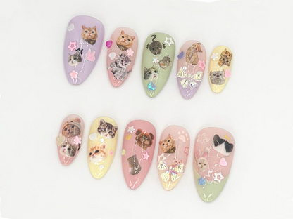 Cute Kitty and Bow Press-On Nail Set | Perfect for Pet Lovers | Kawaii Cat-Themed Press On Nails for Cute Style| Handmade Design |JB644LK