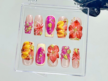 Tropical Hibiscus Press On Nails | 3D Floral Summer Fake Nails | Summer Bloom Nail Art | Sunset Color Bloom Kawaii Nails | 3D Nails |HB932YC