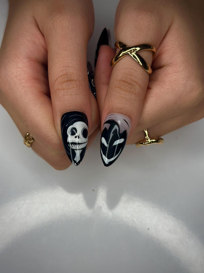 Gothic Skull Halloween Press On Nails | Black & White Creepy Nail Art | Halloween Horror Inspired | Unique Gothic Nail Set| JB150HC