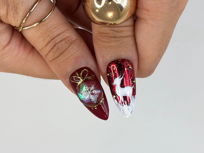 Christmas Reindeer Red Press On Nails | Red Green Christmas Nail Art | Snow & Tree Design| Holiday Glitter Nails| Winter Press Ons| HB1200HC