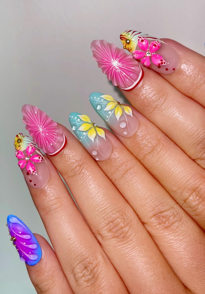 Tropical Bloom Press On Nails | 3D Flower Summer Nails | Colorful Citrus Slice Nails | Hand Painted Floral Nails | Vacation Nails | JB319H
