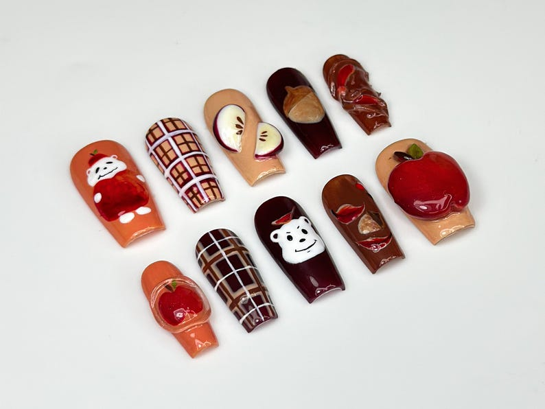 Cozy Fall Press On Nails | Apple & Bear Nail Art | Fall Plaid Handmade Press Ons | Caramel Acorn Nails | Cute 3D Fall Nail Design | JB170HC