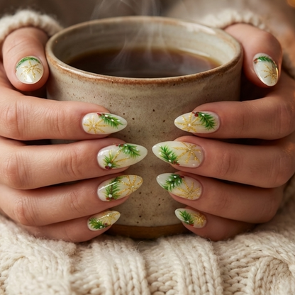 Luxury Christmas Press On Nails | Gold Snowflakes And Pine Accents Fake Nails | Festive Holiday Nail Polish | Seasonal Nail Art | HC650YC