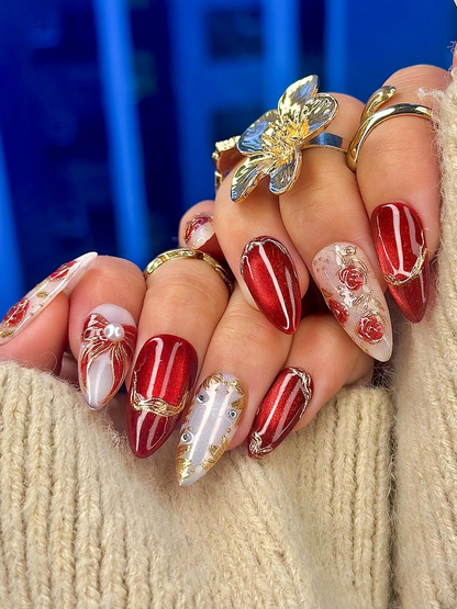 Press On Nails For Christmas | Holiday Christmas Nails | Gold Leaf Luxury Nail Art | Pearl Accent Classy Nails | JB210EC