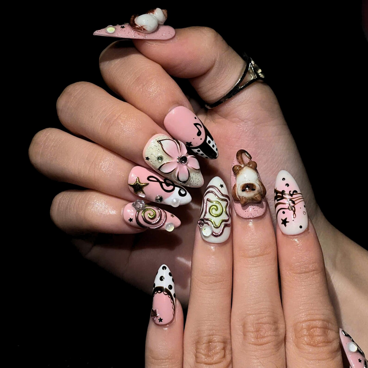 Cute Aesthetic Press On Nails | Kawaii Charm Nail Set | Y2K Inspired Handmade Nails | Pink Brown 3D Statement Nails | OB450UC