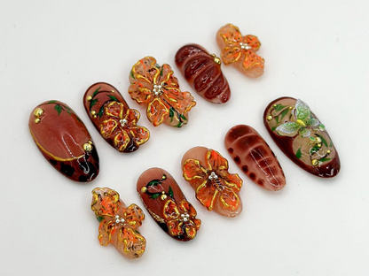 Custom Brown Floral Press-On Nails | Fall Leaves Design | Brown and Orange 3D Nail Art | Custom Nail Design | Autumn Elegance | JB595H