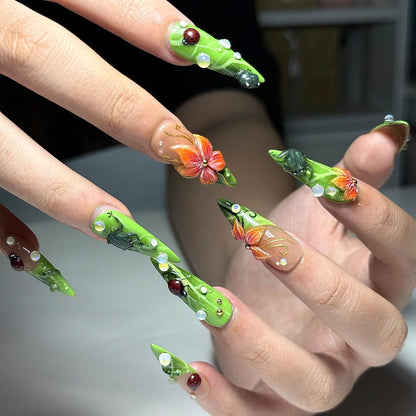 Green Floral Press On Nails with Ladybug and Pearl | 3D Nature Nails in Long Almond | Handmade Spring Nails for Wedding, Vacation | JB330N