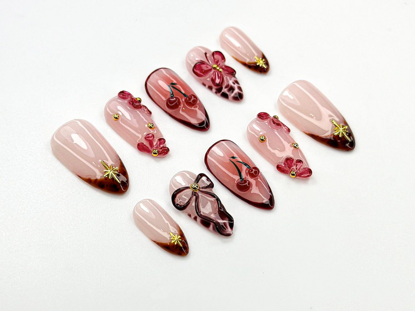 Cherry Blush Bloom Press On Nails | 3D Red Floral & Bow Nail Art | Sweet Cherry Nails | 3D Red Flower Nails | Romantic Nail Set | JC770HC