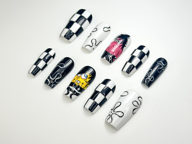 Punk Pop Cartoon Press On Nails | Black & White Checkerboard Nail Art | Handmade Funky Press Ons | Retro Pop Culture Nail Set | JB128HK