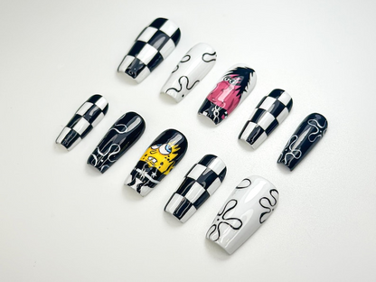 Punk Pop Cartoon Press On Nails | Black & White Checkerboard Nail Art | Handmade Funky Press Ons | Retro Pop Culture Nail Set | JB128HK