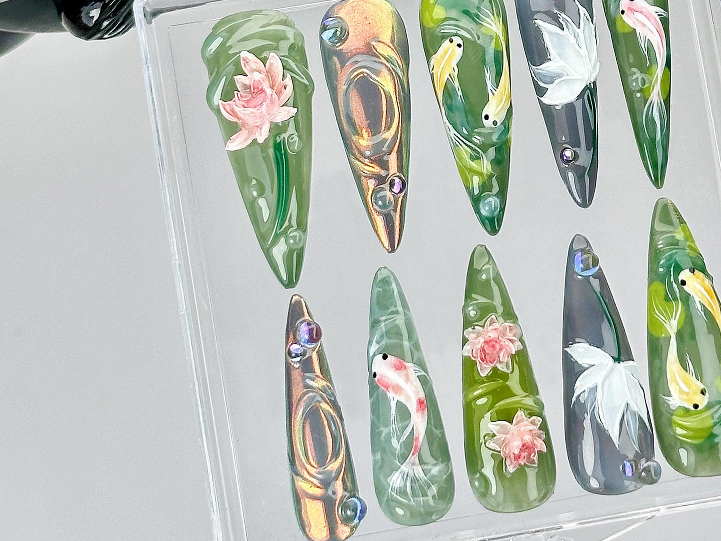 Koi Fish Nail Art by DoryNails | Japanese Pond Acrylic Nails | Water Garden Nail Art | Zen Inspired Fake Nails | Nature Aesthetic | HB808YK