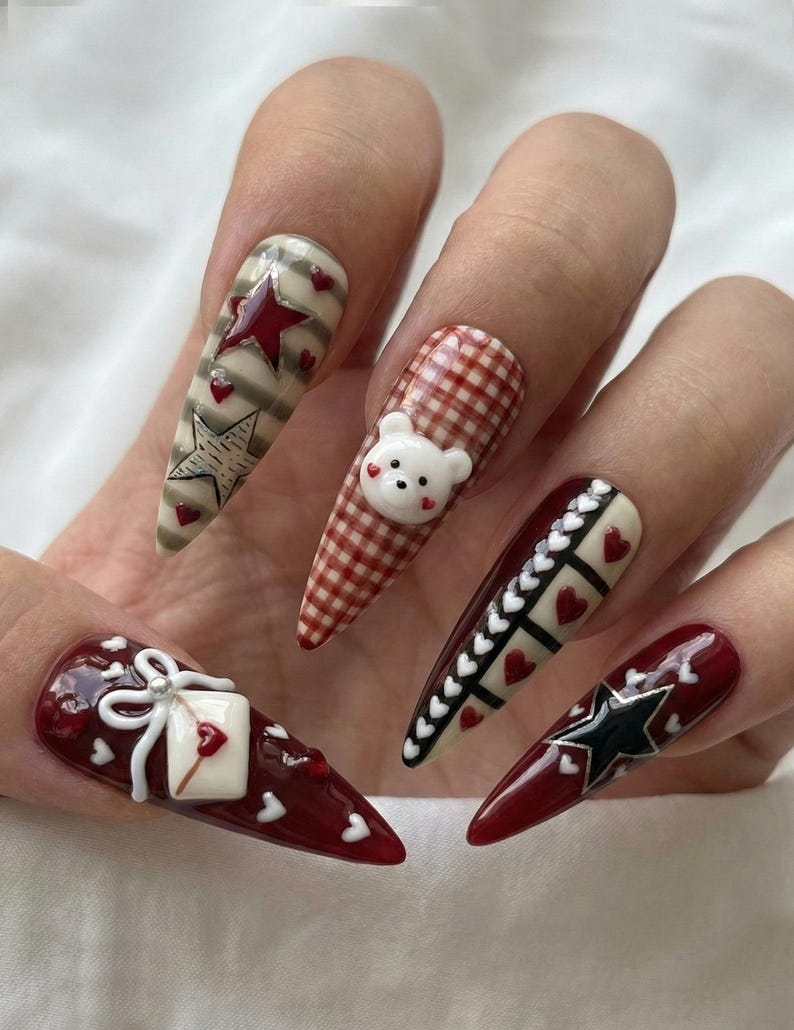 Nail Tabs for Press On Nails – Cherry Heart Teddy Gingham Nude Red Valentine Nails
