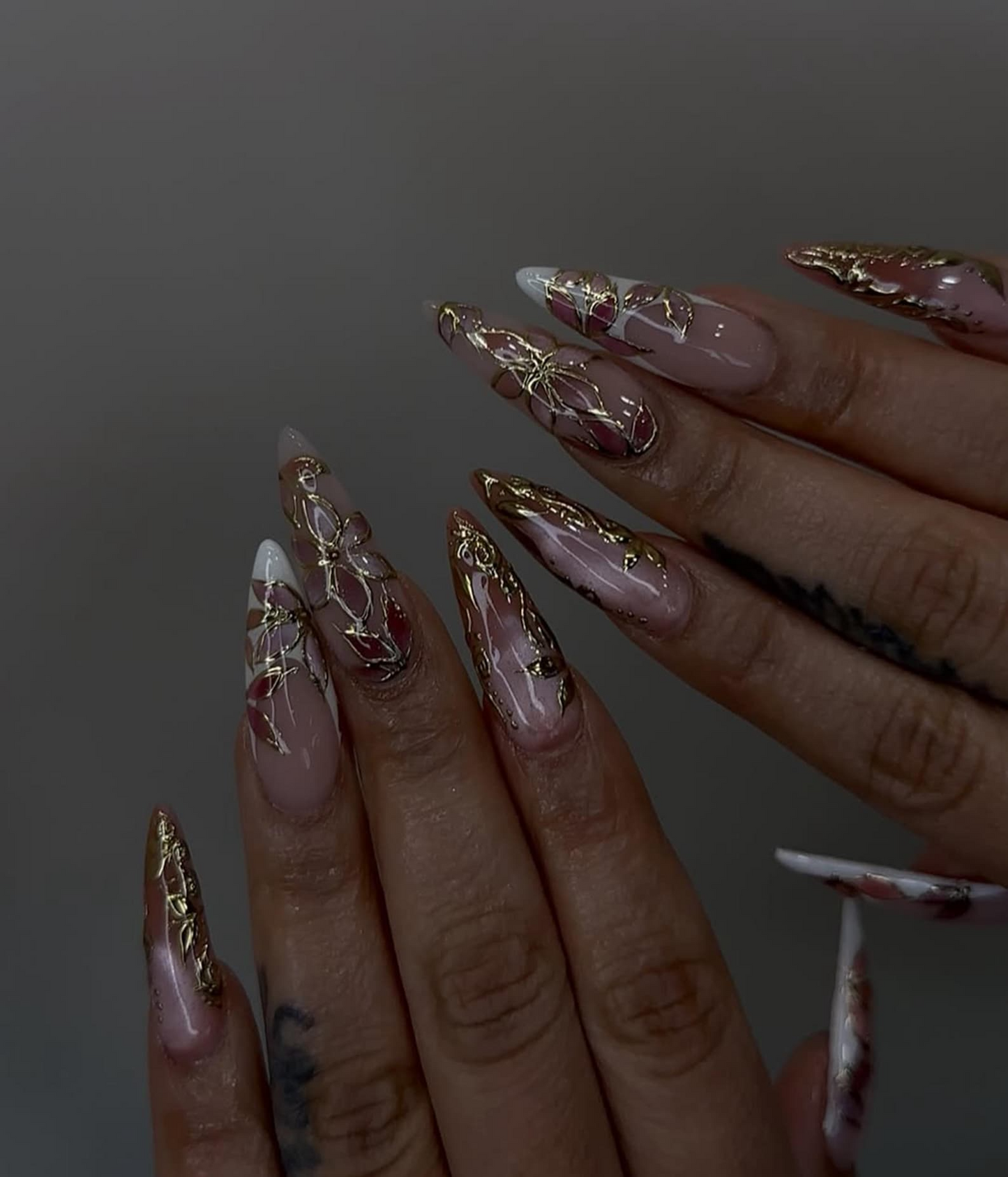 Elegant Pink Press On Nails | Blush Floral Nail Art | 3D Gold Vine Nails | Romantic Wedding Nails | Handmade Luxury Press Ons| JC842H