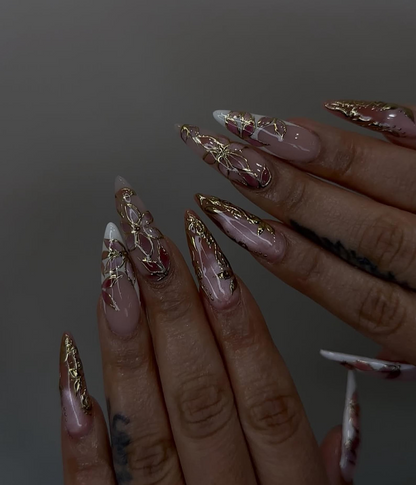 Elegant Pink Press On Nails | Blush Floral Nail Art | 3D Gold Vine Nails | Romantic Wedding Nails | Handmade Luxury Press Ons| JC842H