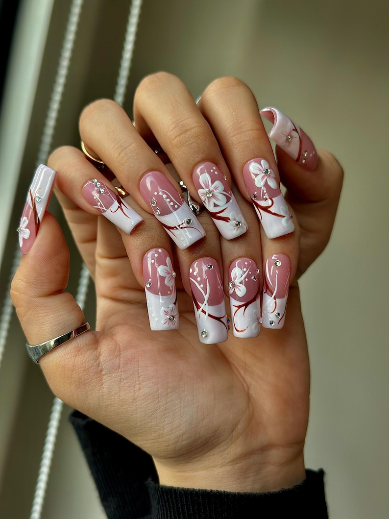 Floral Pink Gradient Press On Nails | Elegant Pink Floral Nail Art | Rhinestone & Petal Design | Romantic Spring Nails | JB206EC