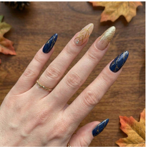 Midnight Royal Gold Press On Nails | Navy Blue Marble Nails | Champagne Gold Glitter Tips | Luxury Geometric Nail Art | Elegant Almond Statement Nails