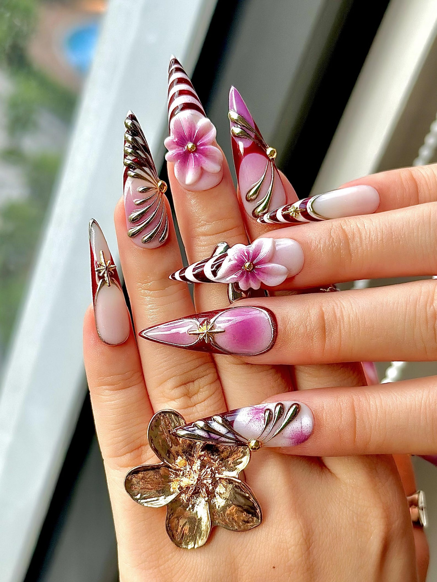 Elegant Violet Floral Press On Nails | Purple Chrome Floral Nails| Elegant Holiday Nails | Luxury Gradient Press Ons | JB211EC