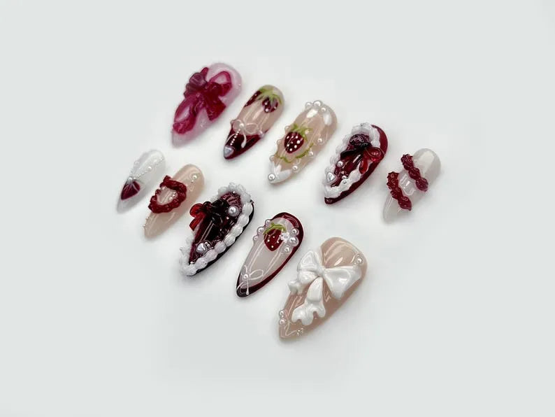 Strawberry Lace Fantasy Press On Nails | 3D Strawberry & Bow Nail Art | Red Pearl Accents | Cute Kawaii Press Ons | HB1100EC