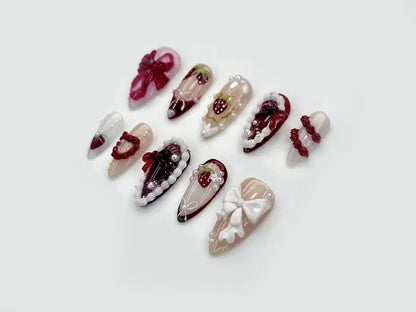 Strawberry Lace Fantasy Press On Nails | 3D Strawberry & Bow Nail Art | Red Pearl Accents | Cute Kawaii Press Ons | HB1100EC