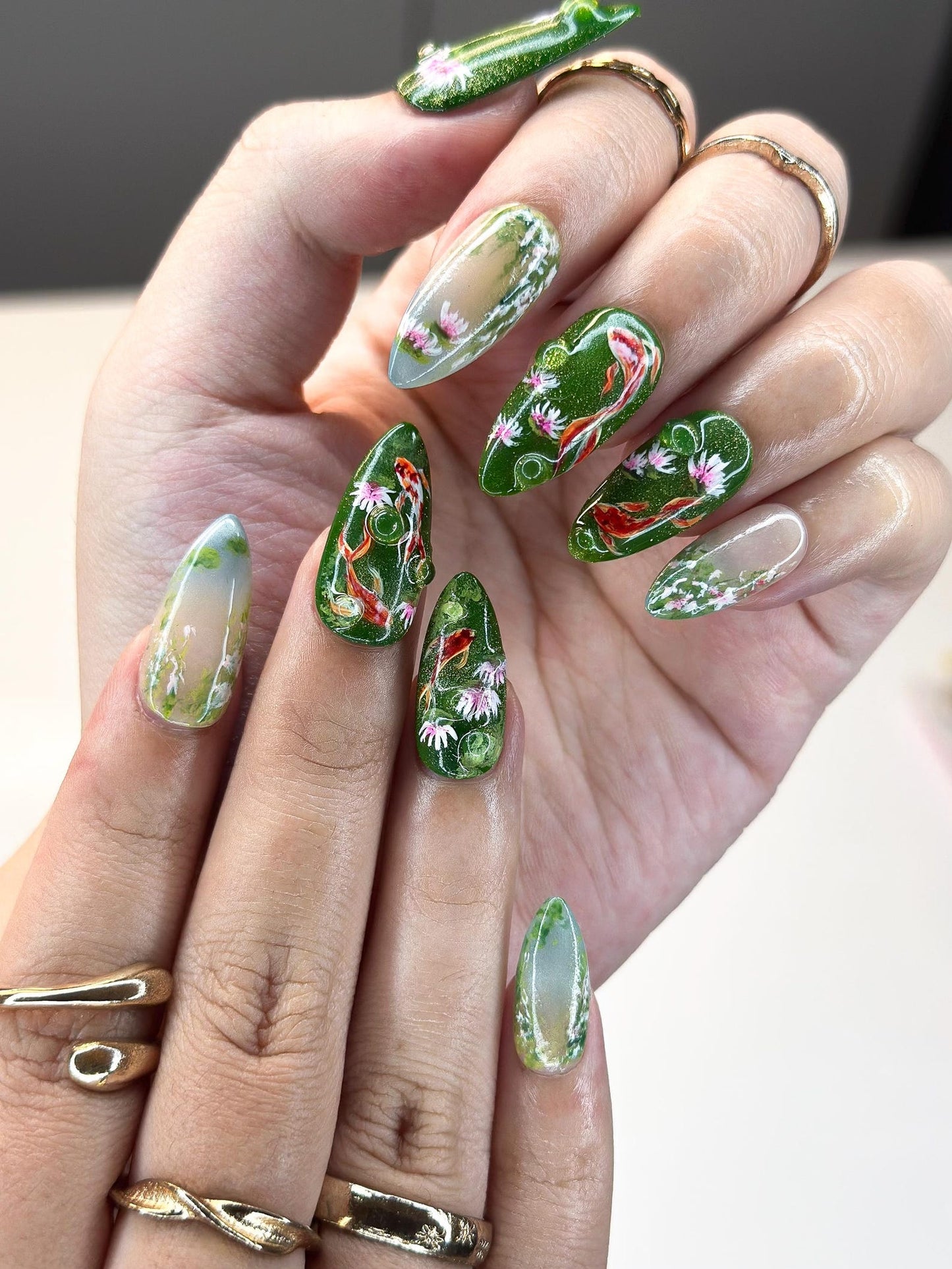 3D Koi Pond & Pink Lotus Press On Nails | Zen Garden Art | Luxury Moss Green Shimmer Stiletto Nails | Water Droplet Nail Art | OB387IC