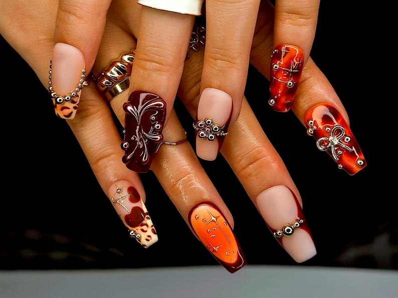Fall Orange Leopard Press On Nails | Autumn Handmade Luxury Set | 3D Bow & Butterfly Nail Art | Fall Statement Design | HB1095EC