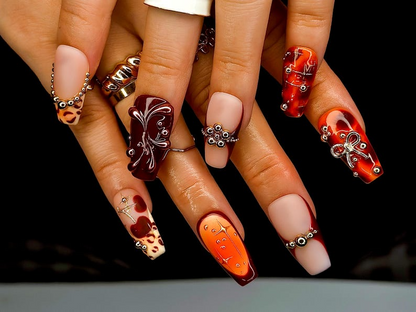Fall Orange Leopard Press On Nails | Autumn Handmade Luxury Set | 3D Bow & Butterfly Nail Art | Fall Statement Design | HB1095EC