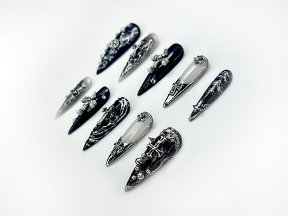 Gothic Cross Elegance Press On Nails | Black & Silver 3D Nail Art | Intricate Crosses And Pearls | Dark Gothic Fantasy Nails |HB1045EP