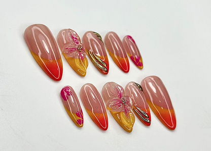 Floral Press On Nails | Handmade 3D Flower Nail Art | Summer Gradient Nail Tips | Ombre Sunset Colors | Custom Nails | JC905E
