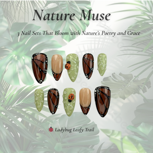 Nature Muse Nail Bundle | 3 Nature-Inspired Press On Nail Sets | Leaf, Butterfly & Floral Art | Reusable Nail Kit|DB103L