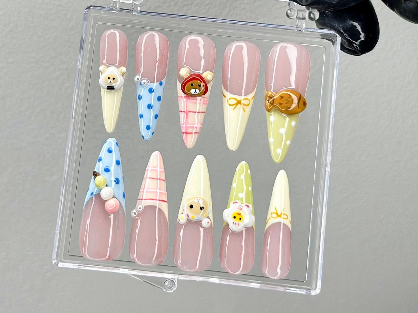 Cute 3D Cartoon Press On Nails | Pastel Kawaii Nail Art | 3D Bear Picnic Press Ons | Gingham Pastel Fake nails |Animal Kawaii Nails |HB990YK