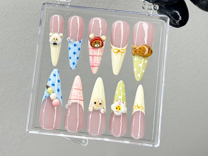 Cute 3D Cartoon Press On Nails | Pastel Kawaii Nail Art | 3D Bear Picnic Press Ons | Gingham Pastel Fake nails |Animal Kawaii Nails |HB990YK