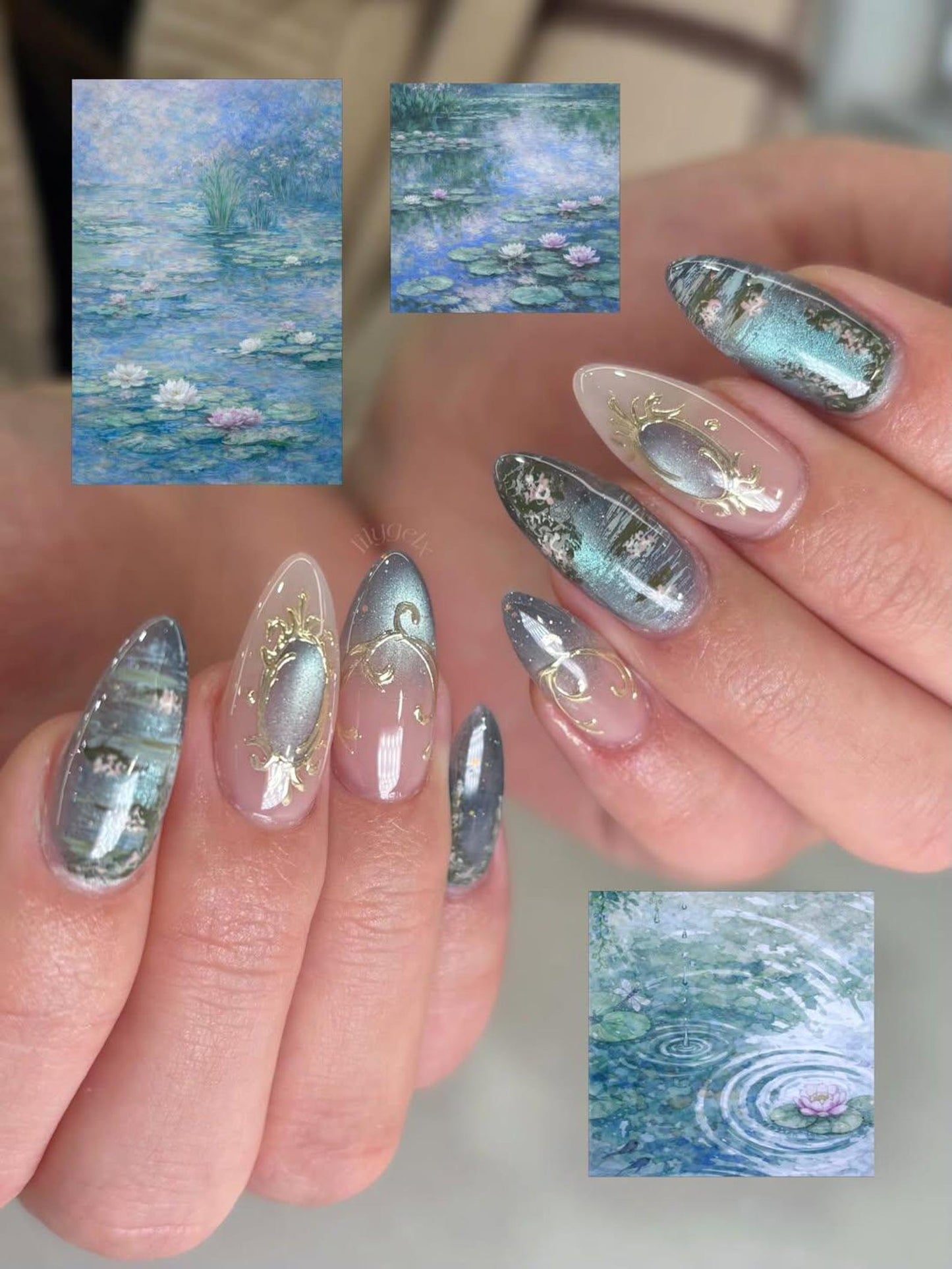 Teal Cat Eye Press On Nails | Elegant Vintage Nail Art | Ocean Marble Luxury Nails | Floral Blue Gradient Nails | Classy Press Ons | JB332HK