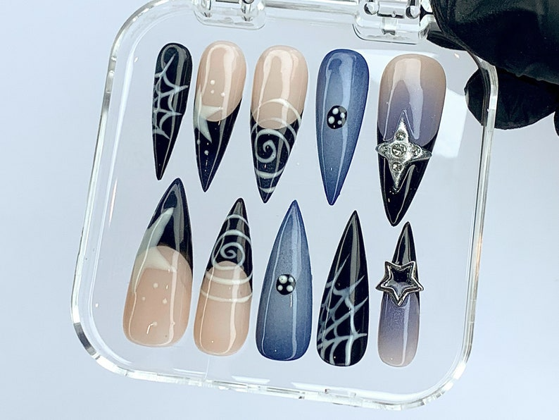 Mystic Starlight Press On Nails | French Nail Delight Acrylic | Cosmic Spider Web Nail | Unique Galaxy Nails | Trendy Y2K Nail | HC427Y