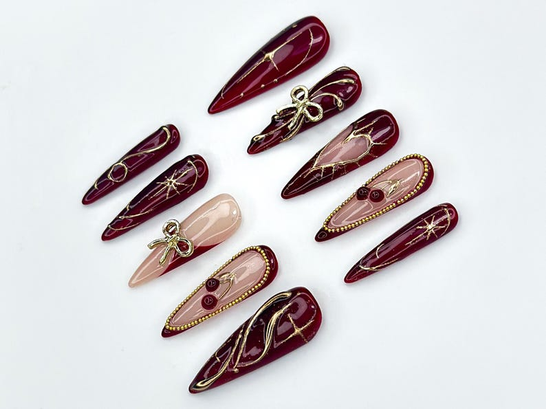 Wine Red Fall Press On Nails | Burgundy & Gold Nail Art | Autumn Holiday Nails | Handmade Glam Nail Set | Elegant Long Nails | JC1137BC