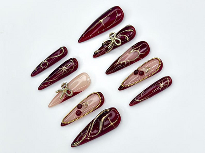 Wine Red Fall Press On Nails | Burgundy & Gold Nail Art | Autumn Holiday Nails | Handmade Glam Nail Set | Elegant Long Nails | JC1137BC