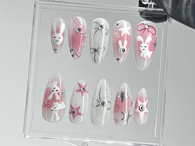 Adorable Bunny Press On Nails | Custom Press Ons | 3D Handpainted Gel Nail Art Design | Playful Pink Press Ons | Gift for her | HC458TL