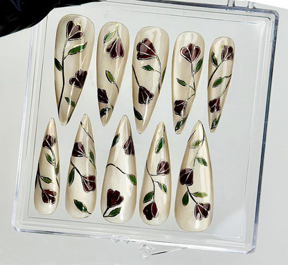Vintage Vine Bloom Press On Nails | Handpainted Floral Nail Art | Nature-Inspired Botanical Tips | Elegant Glossy Press Ons | HC969EK
