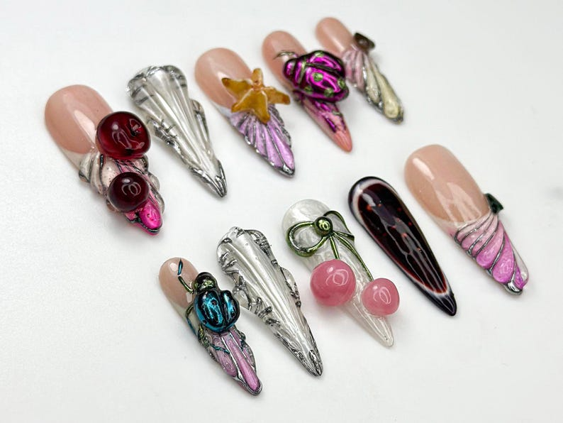 3D Cherry Bomb Press On Nails | Cherry & Star Accent Nails | Mixed Metal Gothic Nail Art | Handmade Y2K Press Ons | JB952H