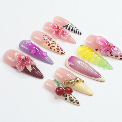 Handmade Tropical Nails | Leopard Print & Floral Accents | 3D Cherry & Flower Details | Long Almond Shape | Ideal for Summer| SK 755