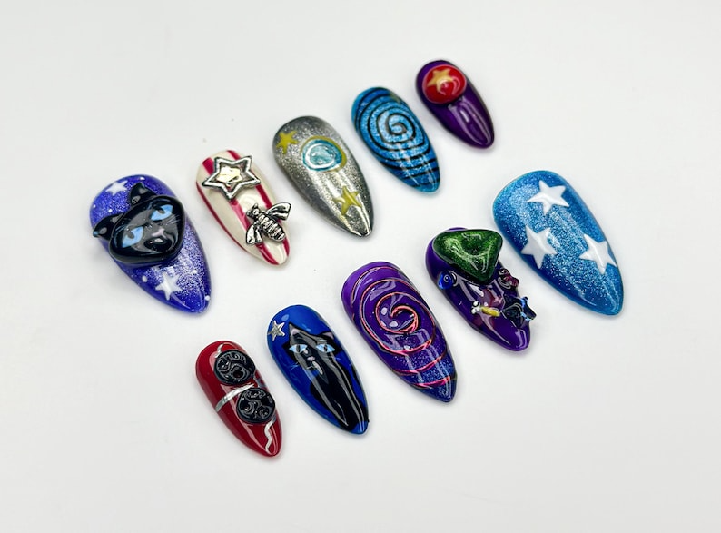 Unique Cosmic Galaxy Press On Nails | Metallic Space Theme Nails | Starry Night Press Ons | Handmade Cosmic Nails | Celestial Nails | JB965H