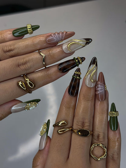 Olive Green & Tortoise Shell Nails | 3D Gold Hardware Press Ons | Luxury Dark Academia Stiletto Art | Handmade Designer | OB1341IK