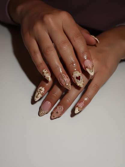 Nail Tabs for Press On Nails – Golden Heart Baroque Press On Nails | Valentine Nails | Ivory Blush French Tips