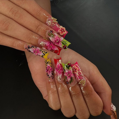 Tropical Floral Press On Nails | 3D Tropical Flowers Nail Art | Vibrant Ladybug Design Fake Nails | Bold Tropical Kawaii Nails | JB893HC