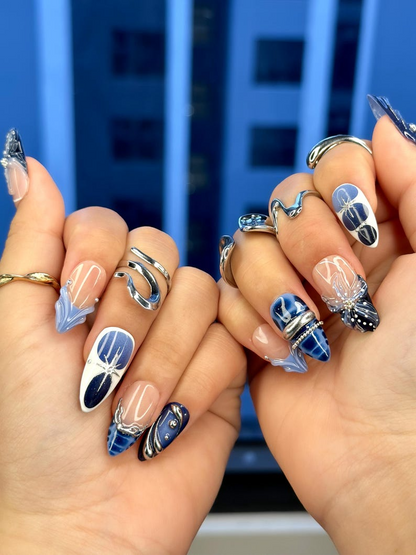 Winter Midnight Spark Press On Nails | Blue Chrome Nail Art | Silver Star 3D Nails | Elegant Winter Press Ons | JB214EC